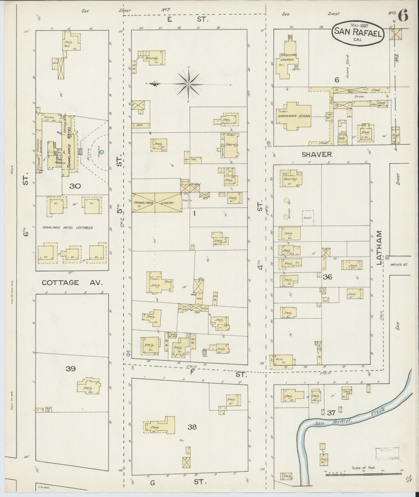 Sanborn Fire Insurance Map from San Rafael, Marin County, California (1887), Sheet #0006 - Complete Map Set gallery image, historic Sanborn map, vintage wall art, California California