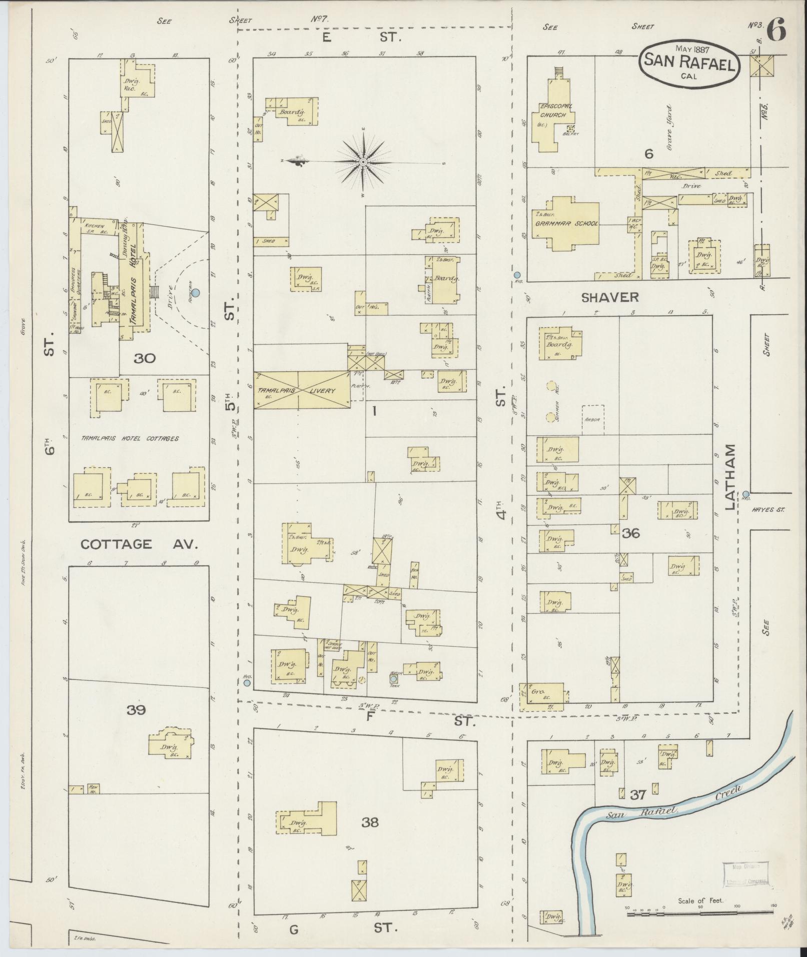 Sanborn Fire Insurance Map from San Rafael, Marin County, California (1887), Sheet #0006 - Complete Map Set gallery image, historic Sanborn map, vintage wall art, California California