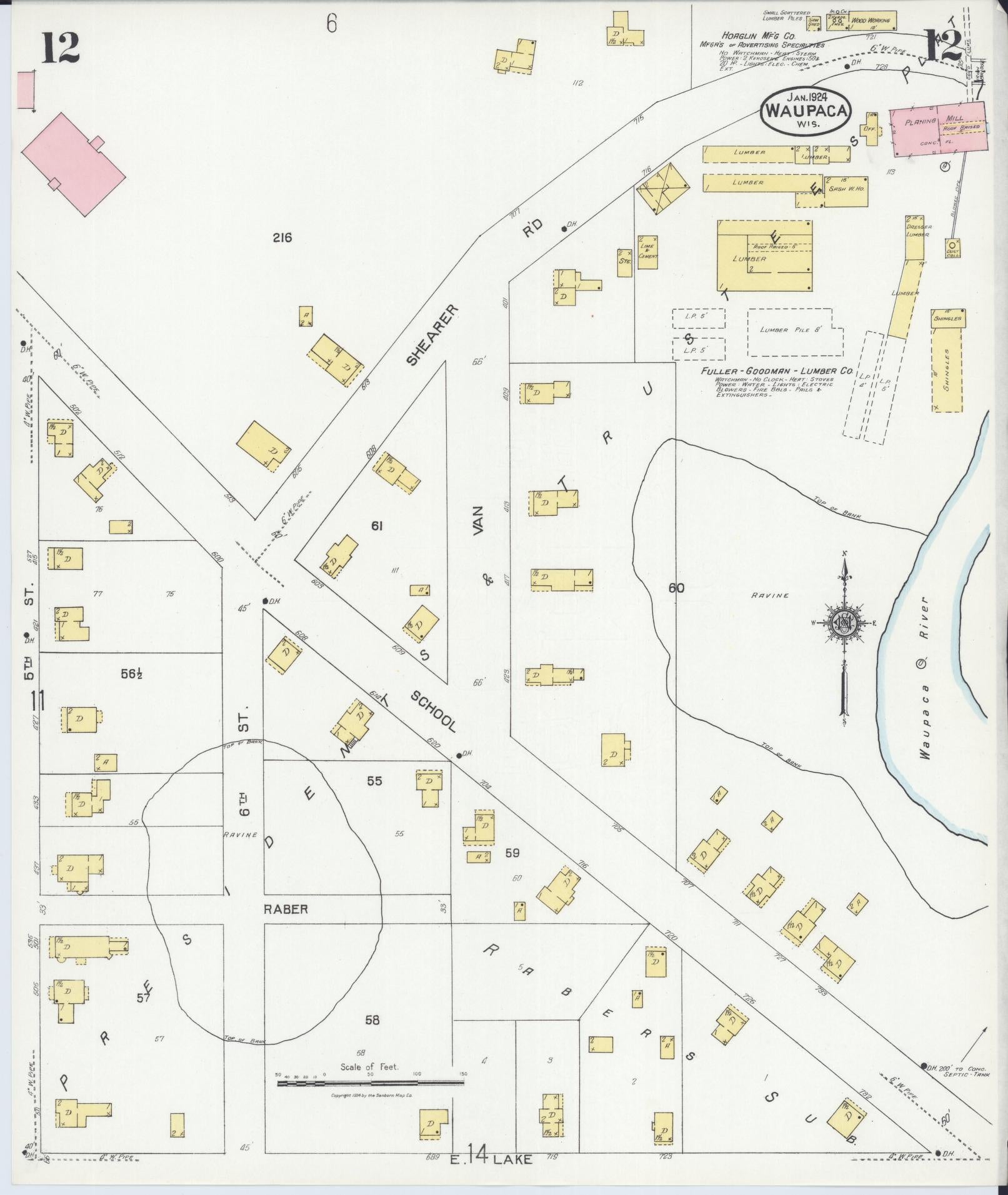 Sanborn Fire Insurance Map from Waupaca, Waupaca County, Wisconsin (1924), Sheet #0012 - Historic Sanborn Fire Insurance Map Print, vintage old map wall art, antique decor, genealogy gift, Wisconsin Wisconsin map