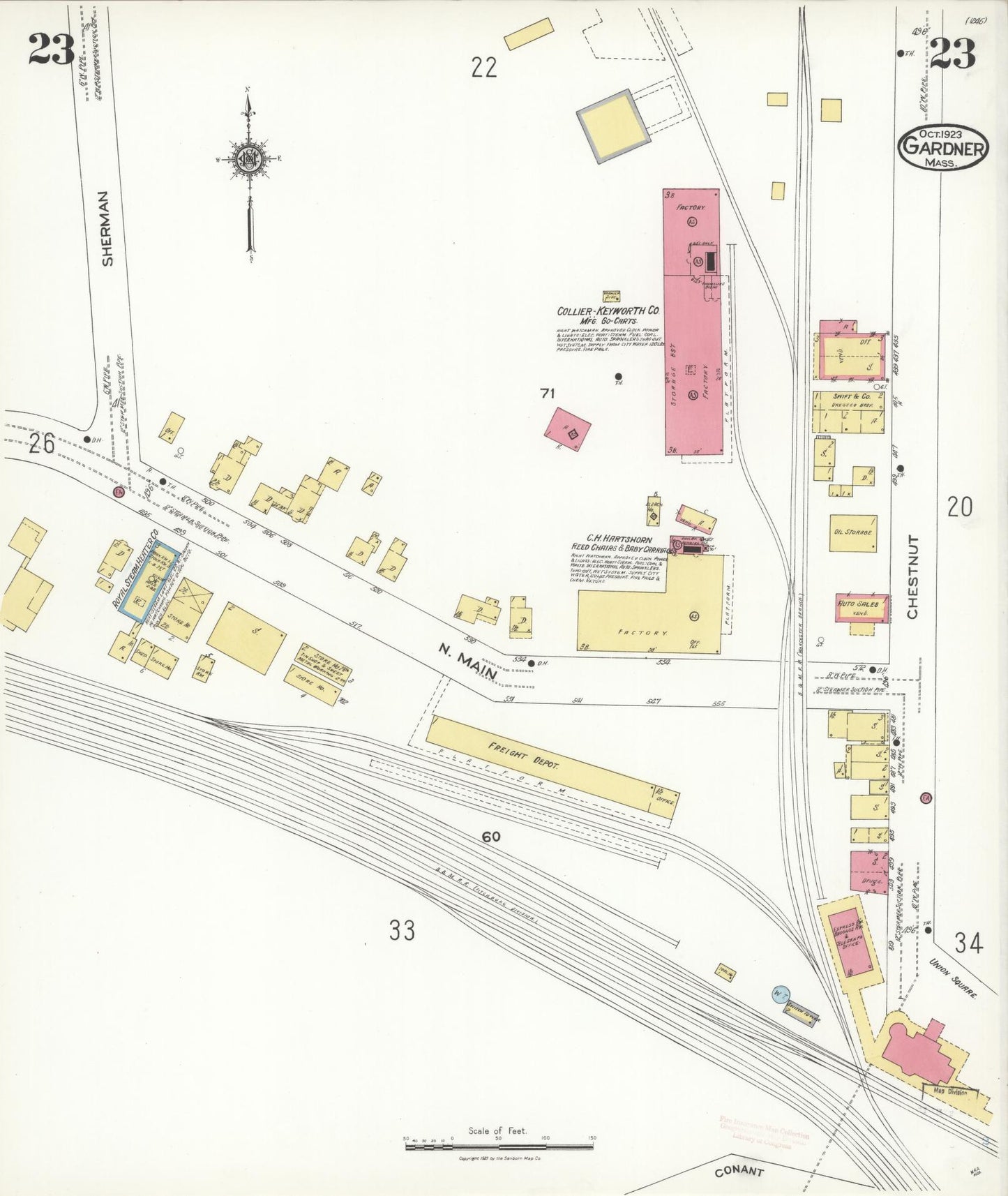Sanborn Fire Insurance Map from Gardner, Worcester County, Massachusetts (1923), Sheet #0023 - Historic Sanborn Fire Insurance Map Print, vintage old map wall art, antique decor, genealogy gift, Massachusetts Massachusetts map