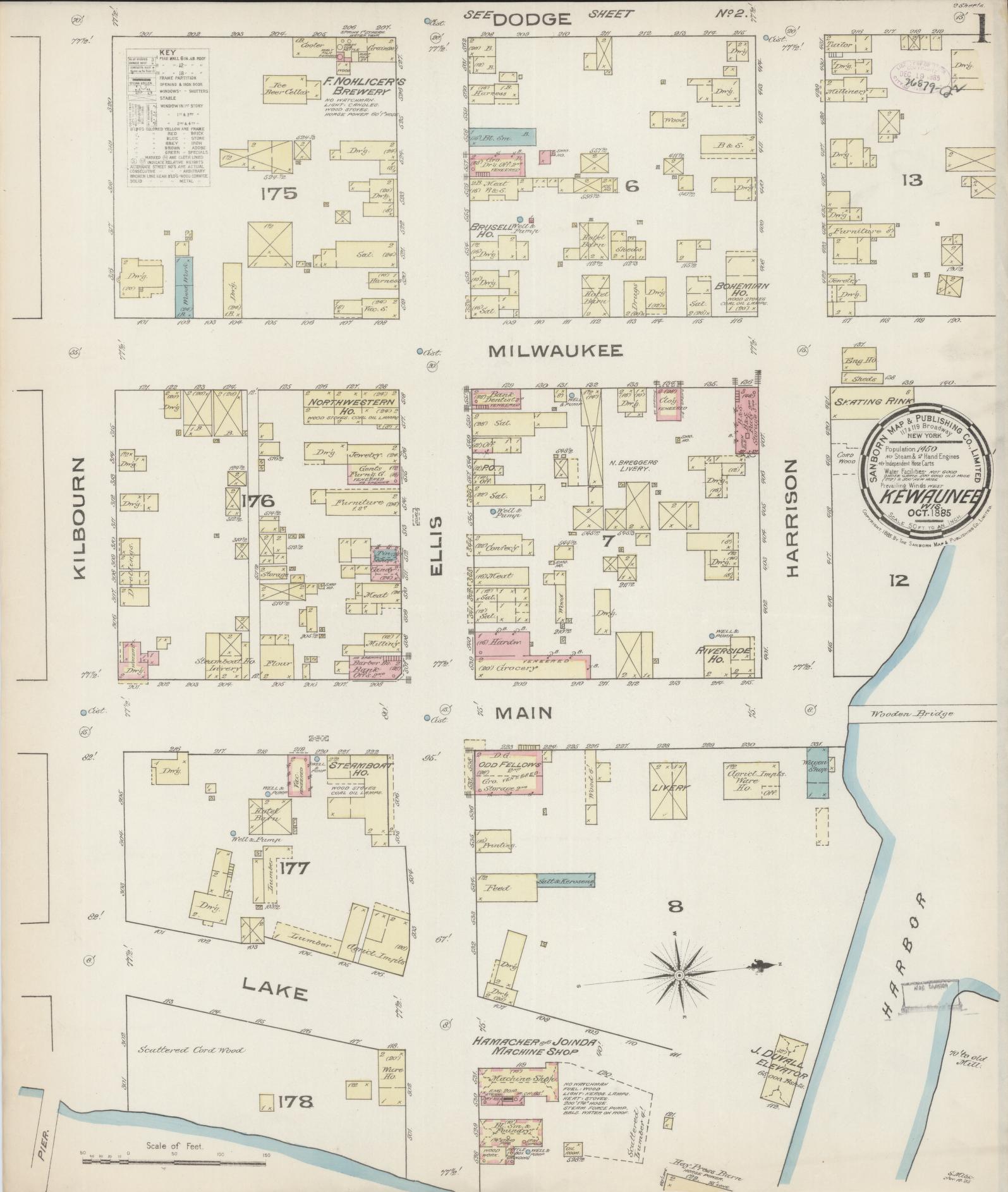 Sanborn Fire Insurance Map from Kewaunee, Kewaunee County, Wisconsin (1885), Sheet #0001 - Complete Map Set gallery image, historic Sanborn map, vintage wall art, Wisconsin Wisconsin