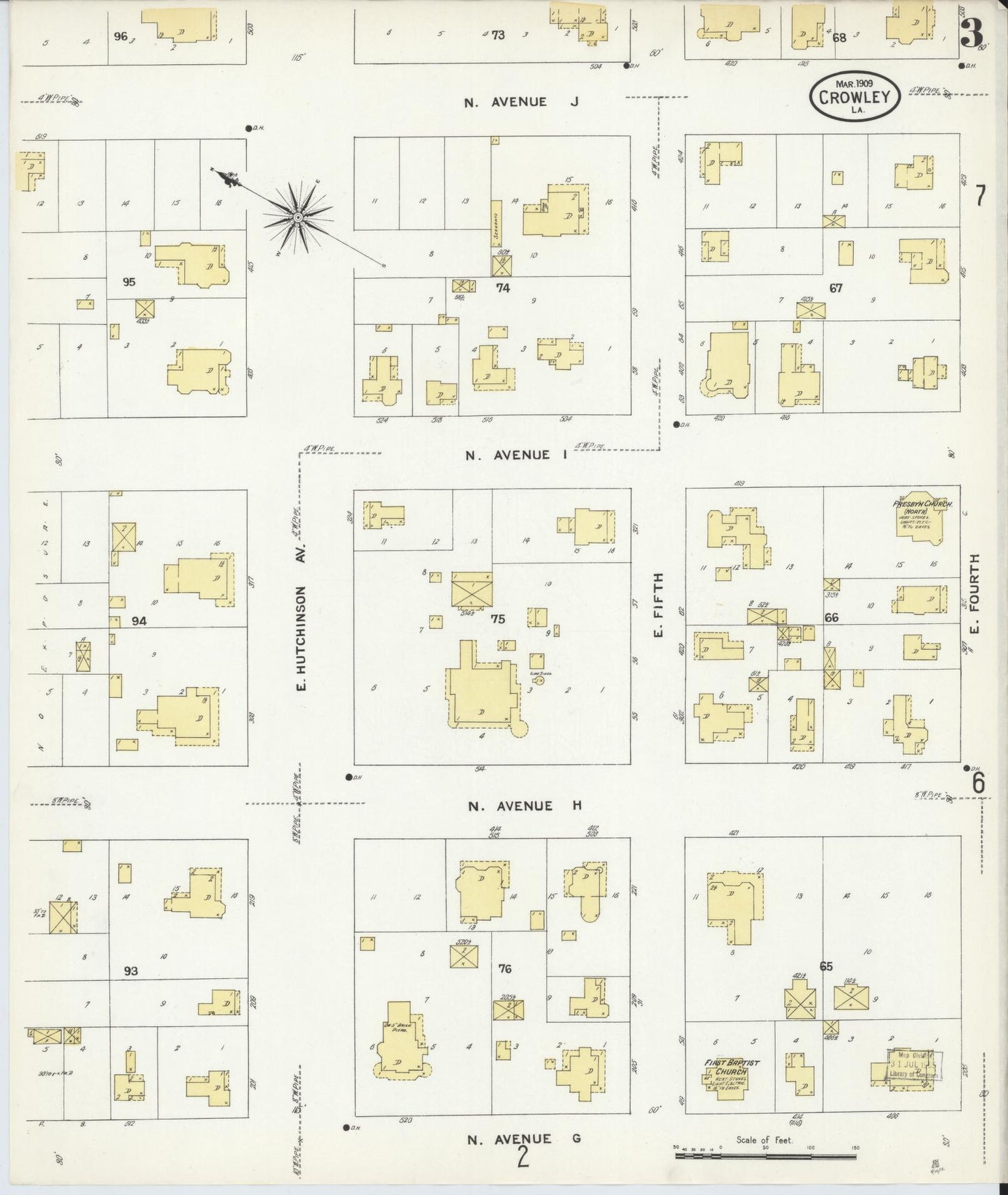 Sanborn Fire Insurance Map from Crowley, Acadia Parish, Louisiana (1909), Sheet #0003 - Historic Sanborn Fire Insurance Map Print, vintage old map wall art, antique decor, genealogy gift, Louisiana Louisiana map