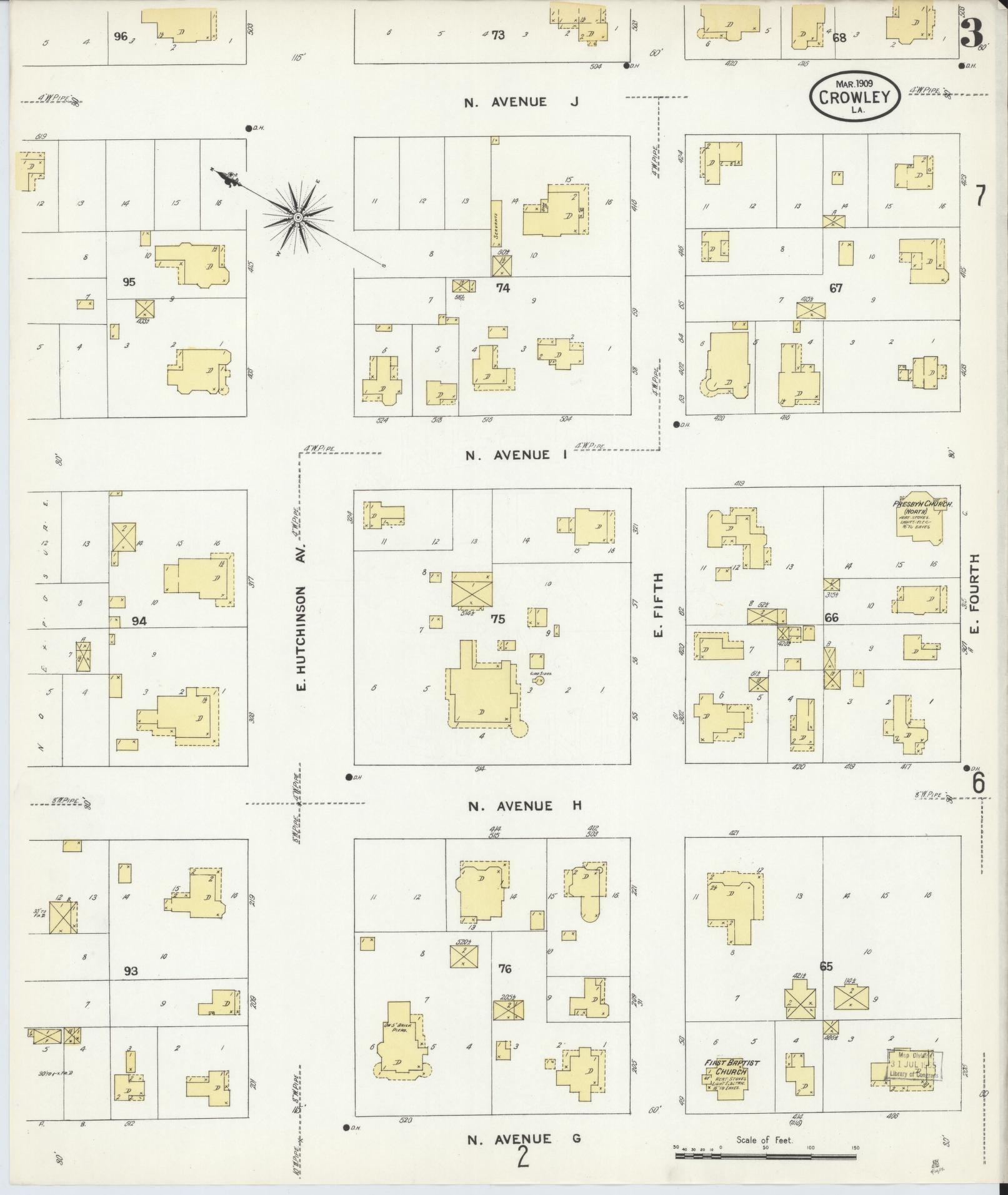 Sanborn Fire Insurance Map from Crowley, Acadia Parish, Louisiana (1909), Sheet #0003 - Historic Sanborn Fire Insurance Map Print, vintage old map wall art, antique decor, genealogy gift, Louisiana Louisiana map