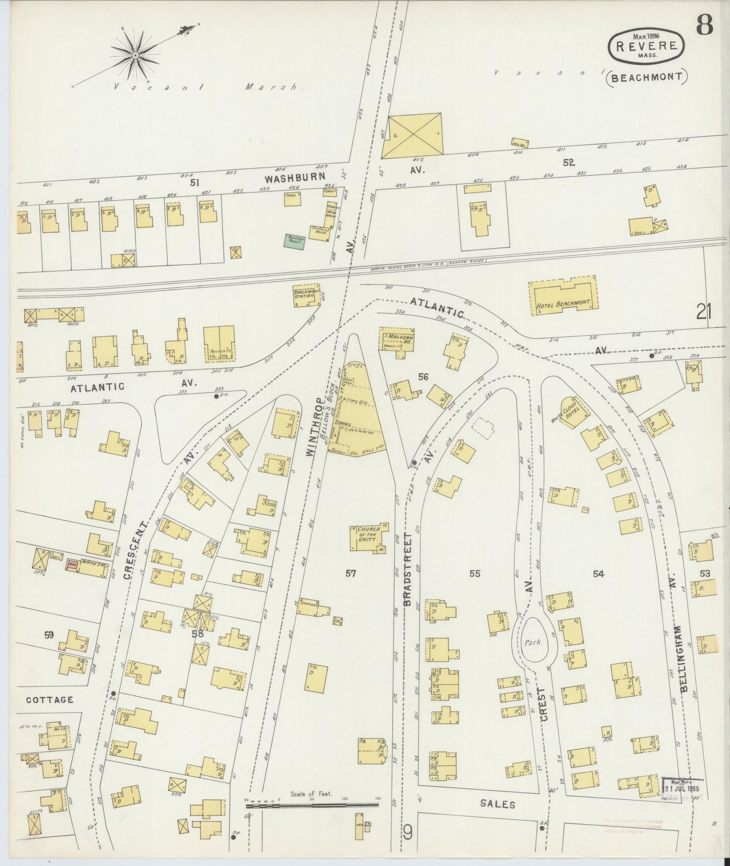 Sanborn Fire Insurance Map from Revere, Suffolk County, Massachusetts (1896), Sheet #0008 - Historic Sanborn Fire Insurance Map Print, vintage old map wall art, antique decor, genealogy gift, Massachusetts Massachusetts map