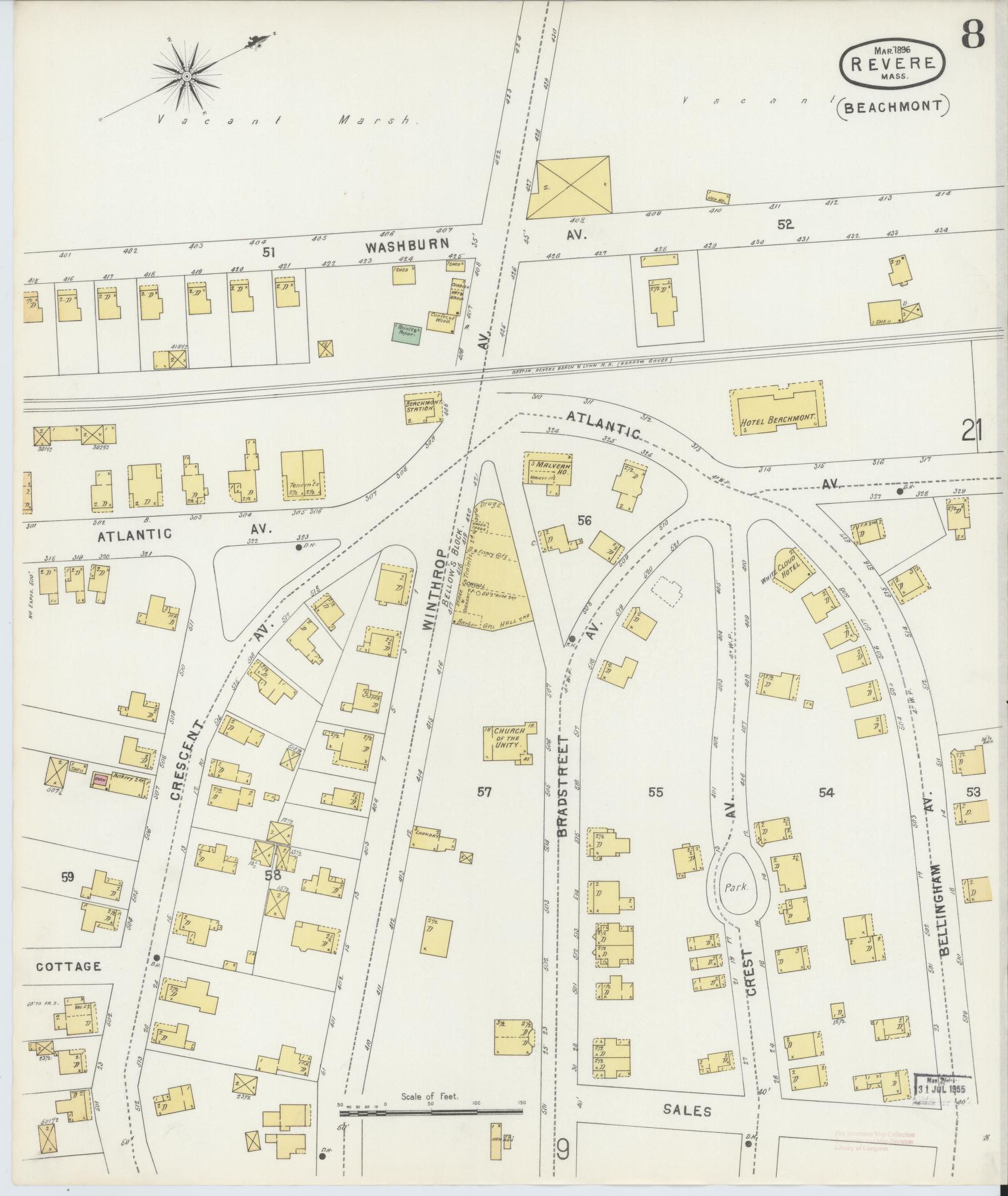 Sanborn Fire Insurance Map from Revere, Suffolk County, Massachusetts (1896), Sheet #0008 - Historic Sanborn Fire Insurance Map Print, vintage old map wall art, antique decor, genealogy gift, Massachusetts Massachusetts map