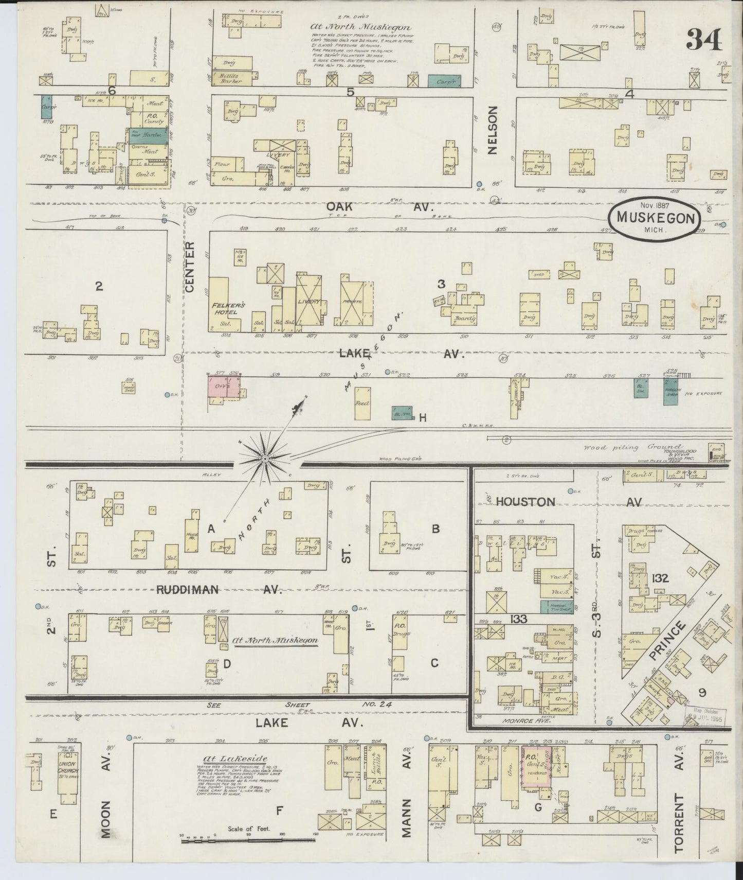 Sanborn Fire Insurance Map from Muskegon, Muskegon County, Michigan (1887), Sheet #0034 - Historic Sanborn Fire Insurance Map Print, vintage old map wall art, antique decor, genealogy gift, Michigan Michigan map
