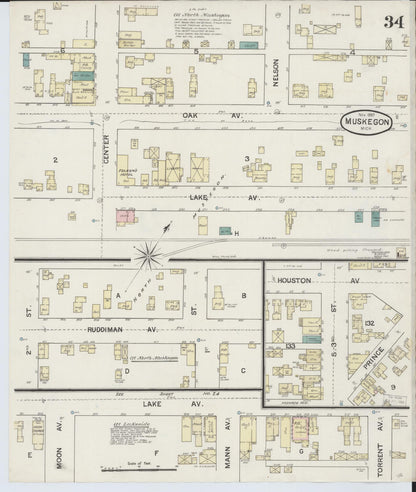 Sanborn Fire Insurance Map from Muskegon, Muskegon County, Michigan (1887), Sheet #0034 - Historic Sanborn Fire Insurance Map Print, vintage old map wall art, antique decor, genealogy gift, Michigan Michigan map