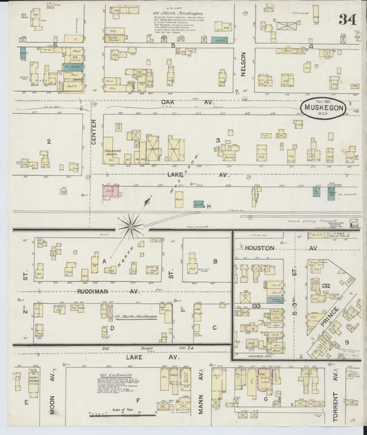 Sanborn Fire Insurance Map from Muskegon, Muskegon County, Michigan (1887), Sheet #0034 - Historic Sanborn Fire Insurance Map Print, vintage old map wall art, antique decor, genealogy gift, Michigan Michigan map