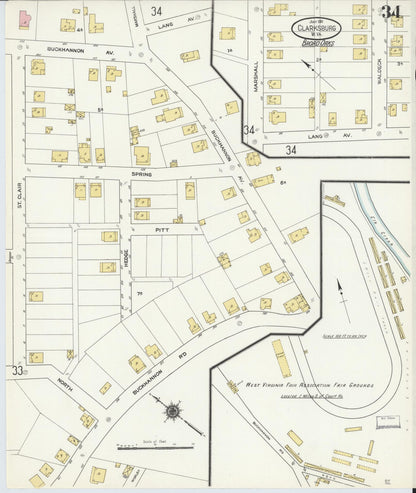 Sanborn Fire Insurance Map from Clarksburg, Harrison County, West Virginia (1911), Sheet #0034 - Complete Map Set gallery image, historic Sanborn map, vintage wall art, West Virginia West Virginia