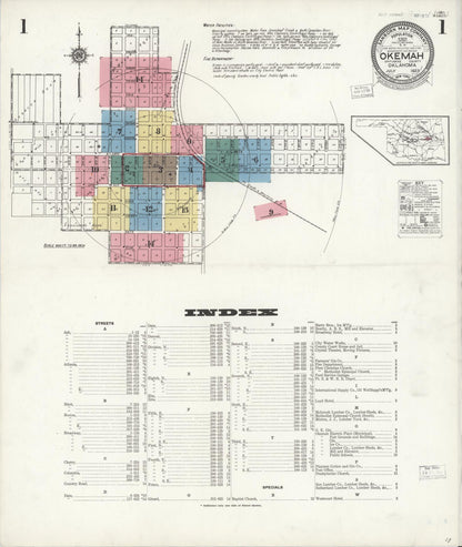 Sanborn Fire Insurance Map from Okemah, Okfuskee County, Oklahoma (1923), Sheet #0001 - Complete Map Set gallery image, historic Sanborn map, vintage wall art, Oklahoma Oklahoma