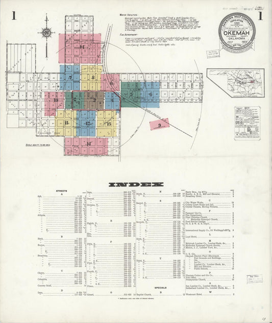 Sanborn Fire Insurance Map from Okemah, Okfuskee County, Oklahoma (1923), Sheet #0001 - Complete Map Set gallery image, historic Sanborn map, vintage wall art, Oklahoma Oklahoma
