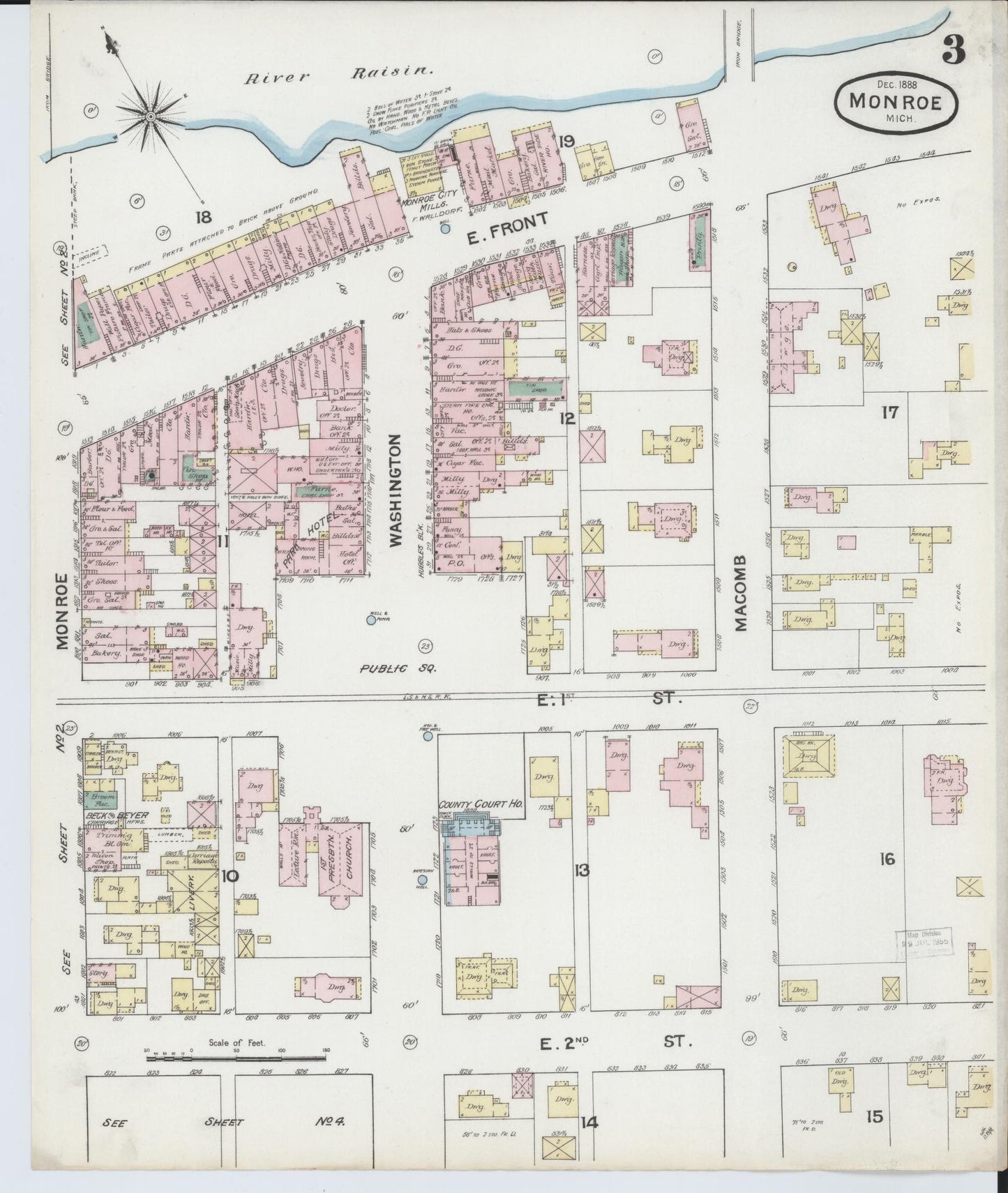 Sanborn Fire Insurance Map from Monroe, Monroe County, Michigan (1888), Sheet #0003 - Complete Map Set gallery image, historic Sanborn map, vintage wall art, Michigan Michigan
