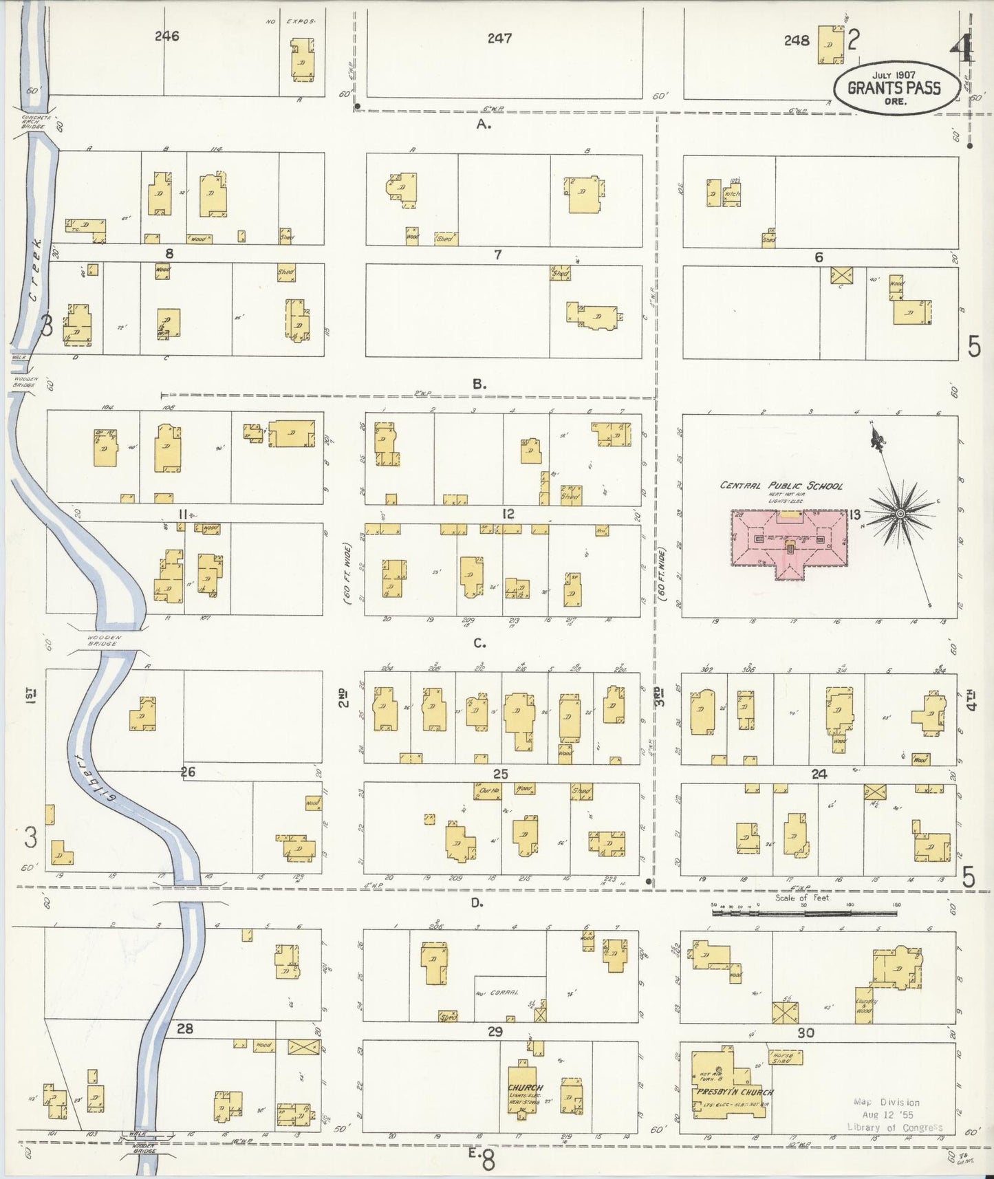 Sanborn Fire Insurance Map from Grants Pass, Josephine County, Oregon (1907), Sheet #0004 - Historic Sanborn Fire Insurance Map Print, vintage old map wall art, antique decor, genealogy gift, Oregon Oregon map