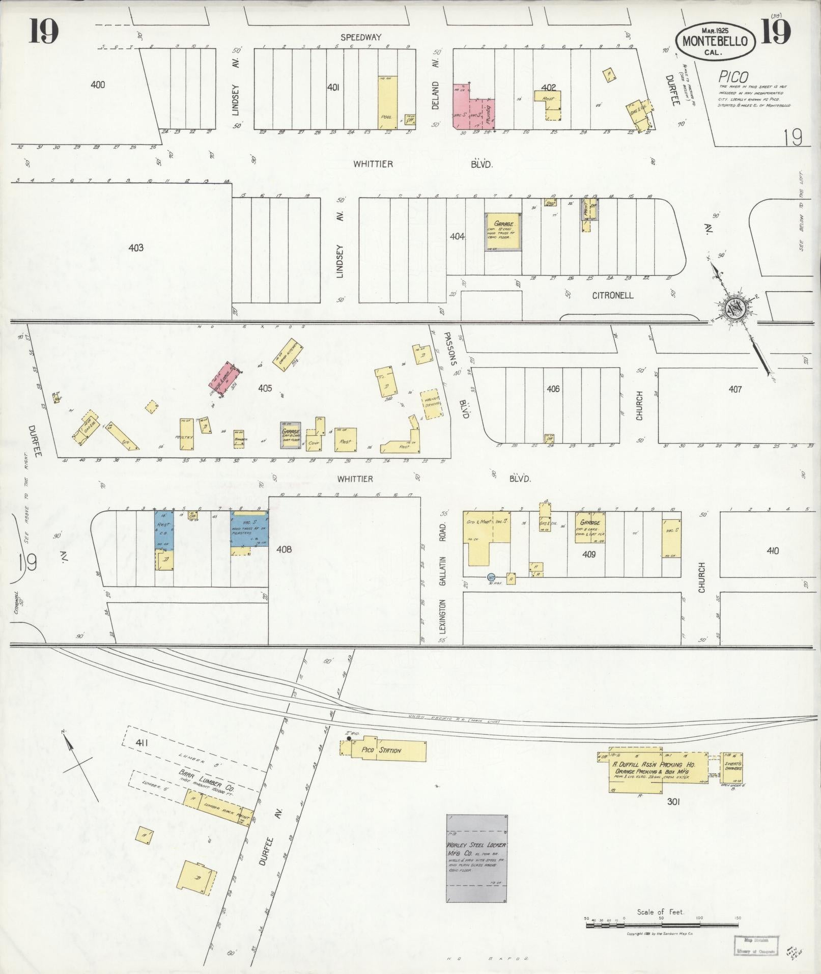 Sanborn Fire Insurance Map from Montebello, Los Angeles County, California (1925), Sheet #0019 - Historic Sanborn Fire Insurance Map Print, vintage old map wall art, antique decor, genealogy gift, California California map