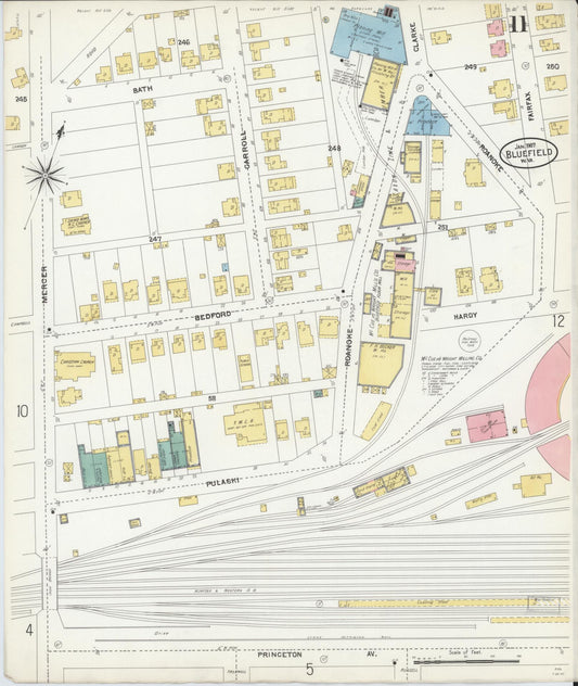 Sanborn Fire Insurance Map from Bluefield, Mercer County, West Virginia (1907), Sheet #0011 - Historic Sanborn Fire Insurance Map Print, vintage old map wall art, antique decor, genealogy gift, West Virginia West Virginia map