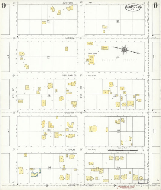 Sanborn Fire Insurance Map from Carmel By The Sea, Monterey County, California (1924), Sheet #0009 - Historic Sanborn Fire Insurance Map Print, vintage old map wall art, antique decor, genealogy gift, California California map