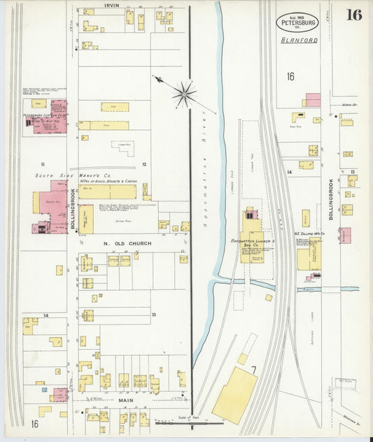 Sanborn Fire Insurance Map from Petersburg, Independent Cities, Virginia (1908), Sheet #0016 - Historic Sanborn Fire Insurance Map Print, vintage old map wall art, antique decor, genealogy gift, Virginia Virginia map