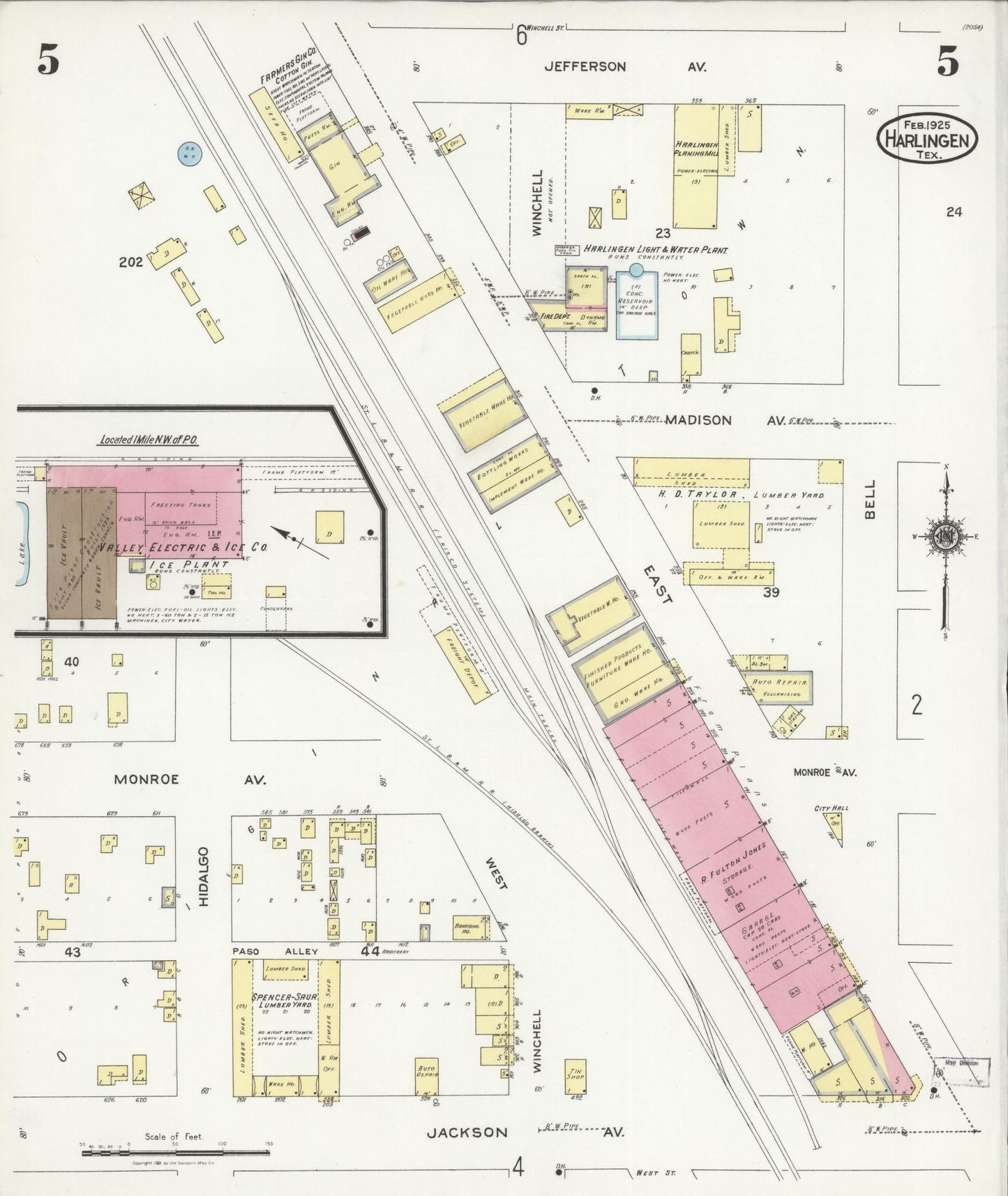 Sanborn Fire Insurance Map from Harlingen, Cameron County, Texas (1925), Sheet #0005 - Historic Sanborn Fire Insurance Map Print, vintage old map wall art, antique decor, genealogy gift, Texas Texas map