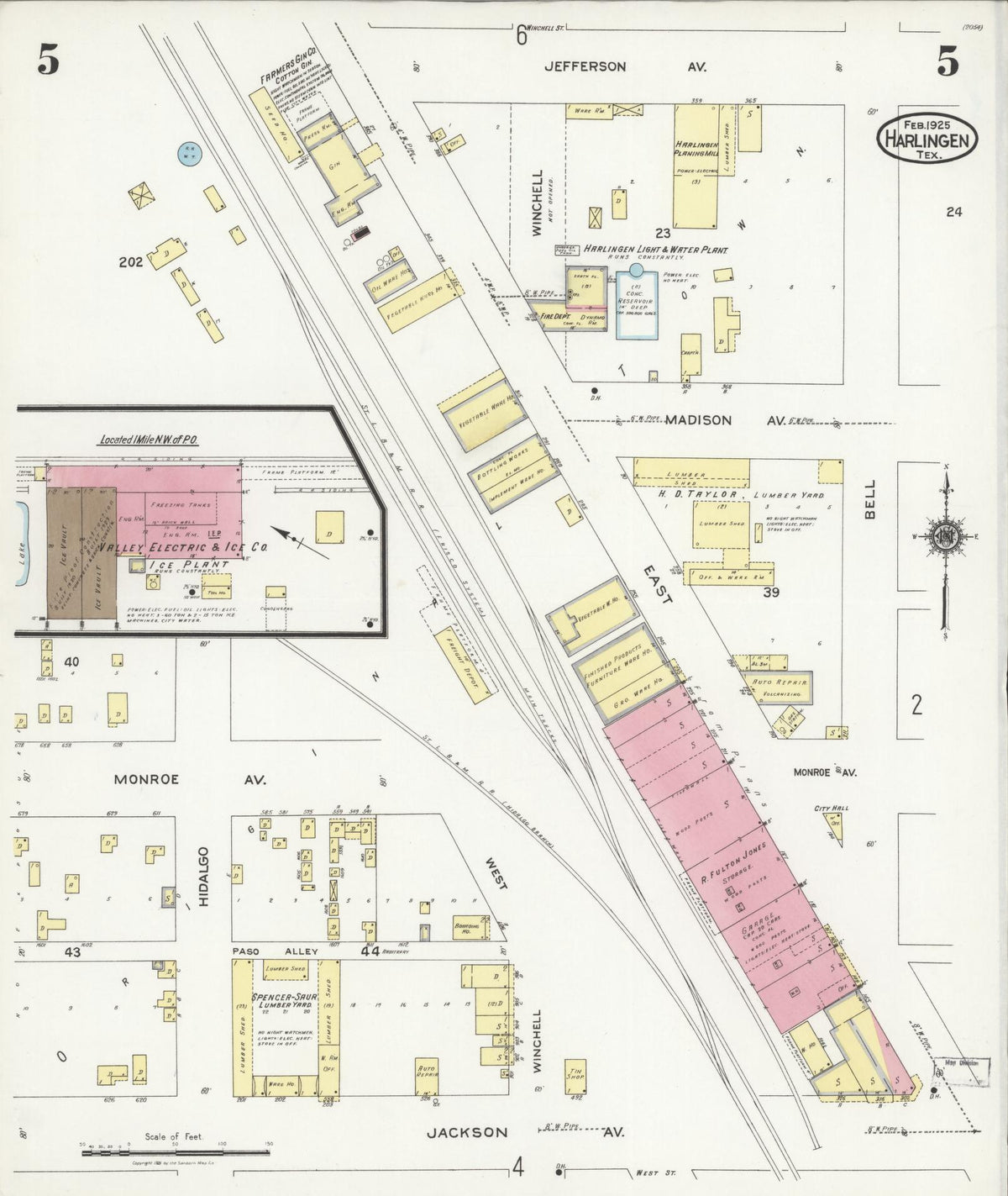 Sanborn Fire Insurance Map from Harlingen, Cameron County, Texas (1925), Sheet #0005 - Historic Sanborn Fire Insurance Map Print, vintage old map wall art, antique decor, genealogy gift, Texas Texas map