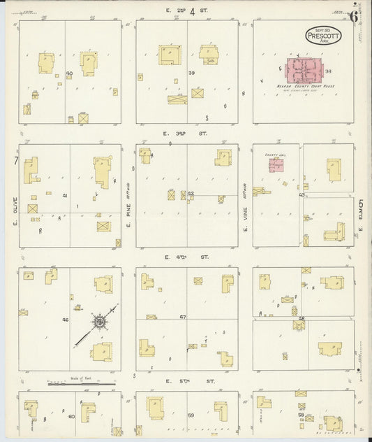Sanborn Fire Insurance Map from Prescott, Nevada County, Arkansas (1913), Sheet #0006 - Historic Sanborn Fire Insurance Map Print, vintage old map wall art, antique decor, genealogy gift, Prescott Nevada map