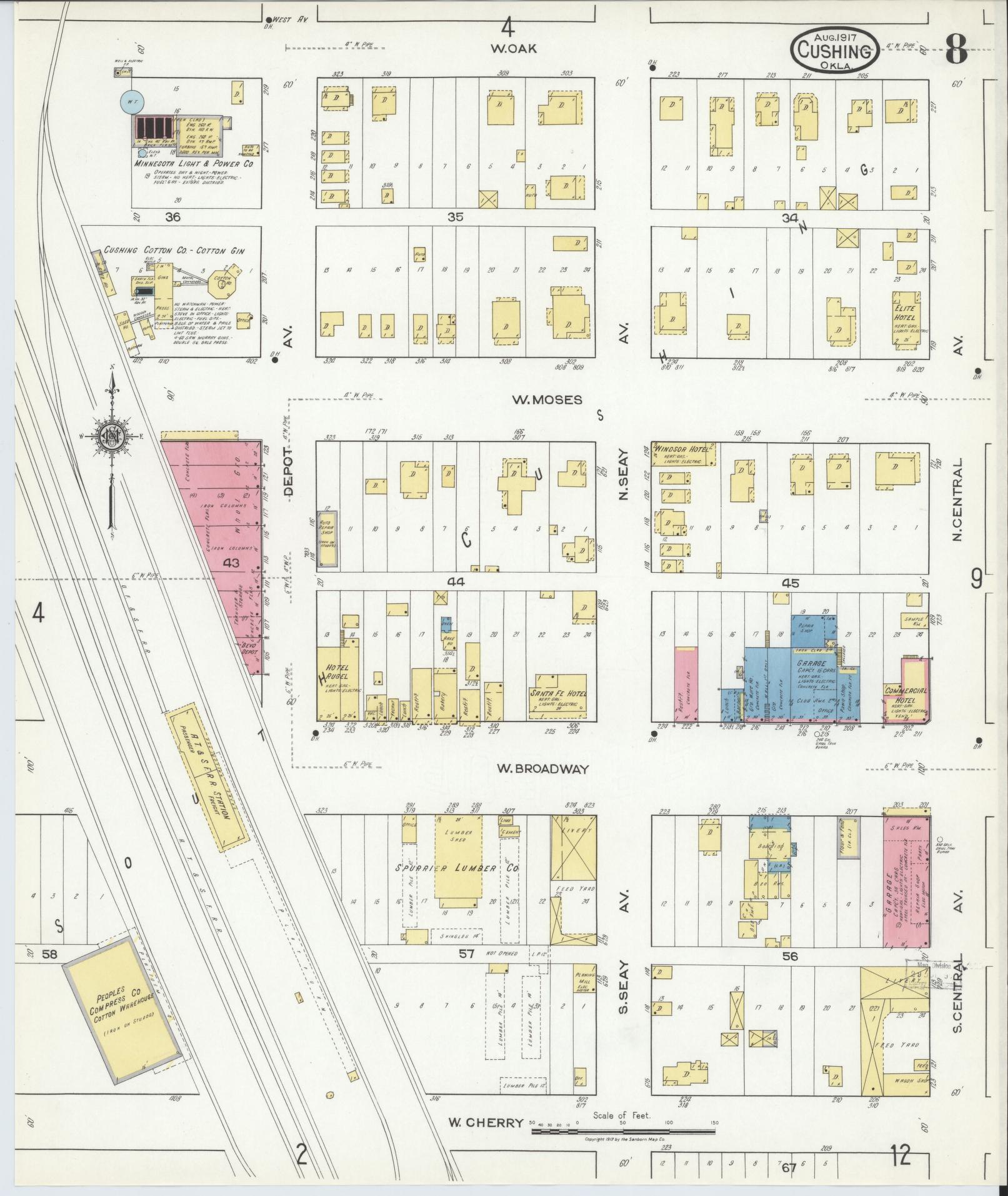 Sanborn Fire Insurance Map from Cushing, Payne County, Oklahoma (1917), Sheet #0008 - Historic Sanborn Fire Insurance Map Print, vintage old map wall art, antique decor, genealogy gift, Oklahoma Oklahoma map