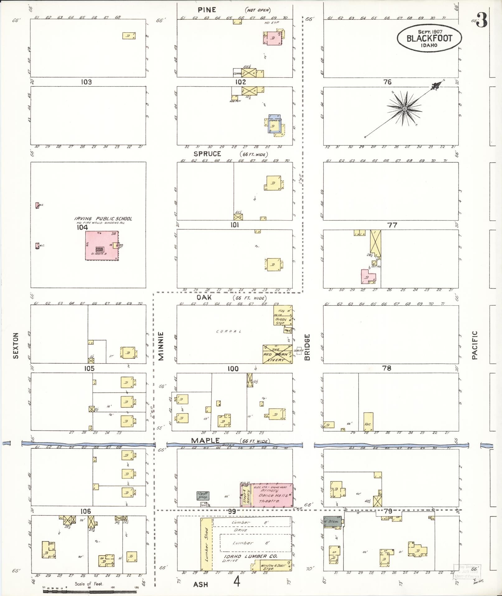 Sanborn Fire Insurance Map from Blackfoot, Bingham County, Idaho (1907), Sheet #0003 - Historic Sanborn Fire Insurance Map Print, vintage old map wall art, antique decor, genealogy gift, Idaho Idaho map