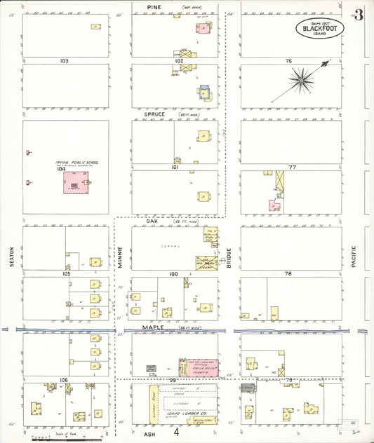 Sanborn Fire Insurance Map from Blackfoot, Bingham County, Idaho (1907), Sheet #0003 - Historic Sanborn Fire Insurance Map Print, vintage old map wall art, antique decor, genealogy gift, Idaho Idaho map