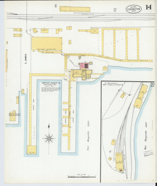 Sanborn Fire Insurance Map from Ludington, Mason County, Michigan (1900), Sheet #0014 - Historic Sanborn Fire Insurance Map Print, vintage old map wall art, antique decor, genealogy gift, Michigan Michigan map
