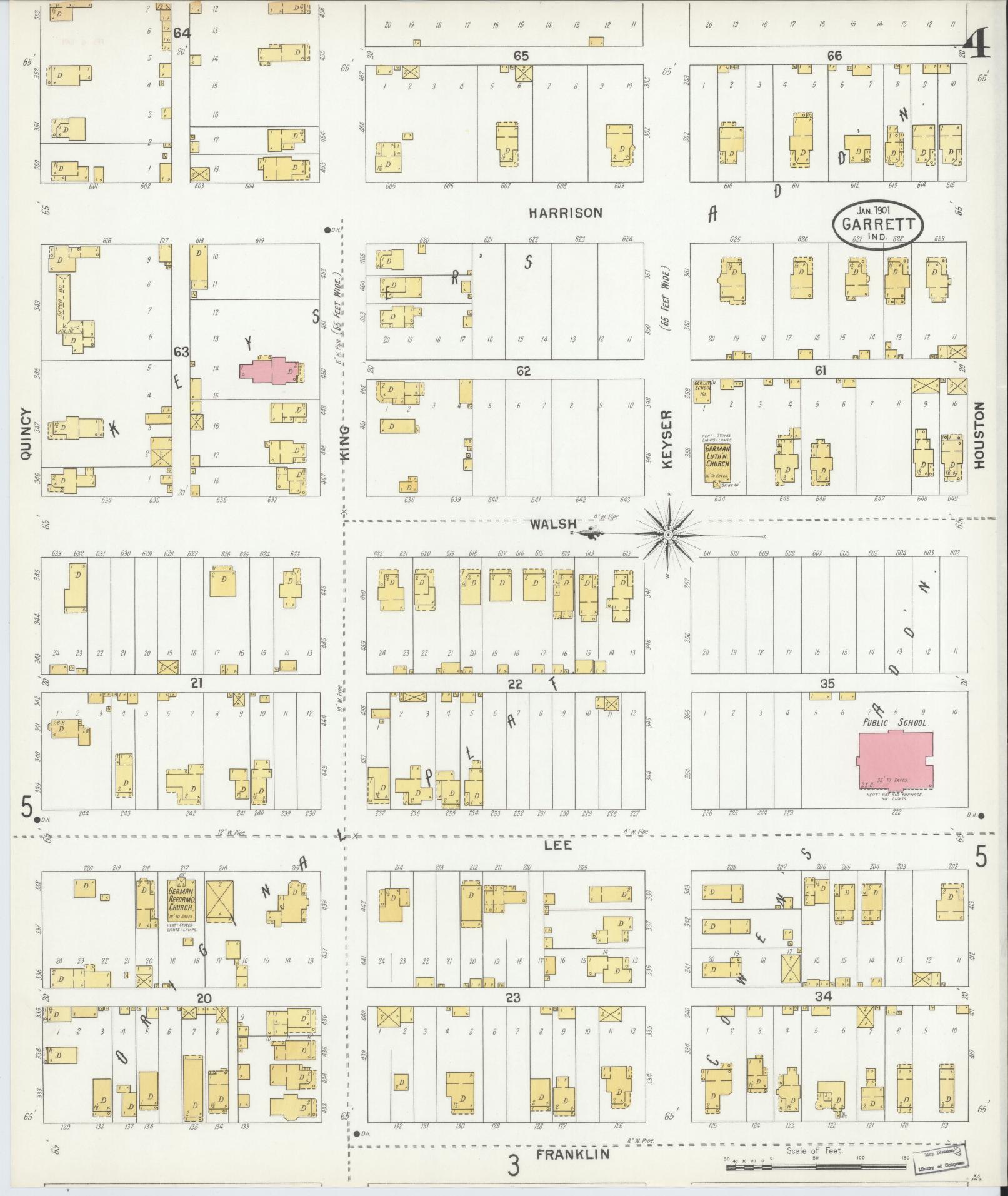 Sanborn Fire Insurance Map from Garrett, De Kalb County, Indiana (1901), Sheet #0004 - Complete Map Set gallery image, historic Sanborn map, vintage wall art, Indiana Indiana