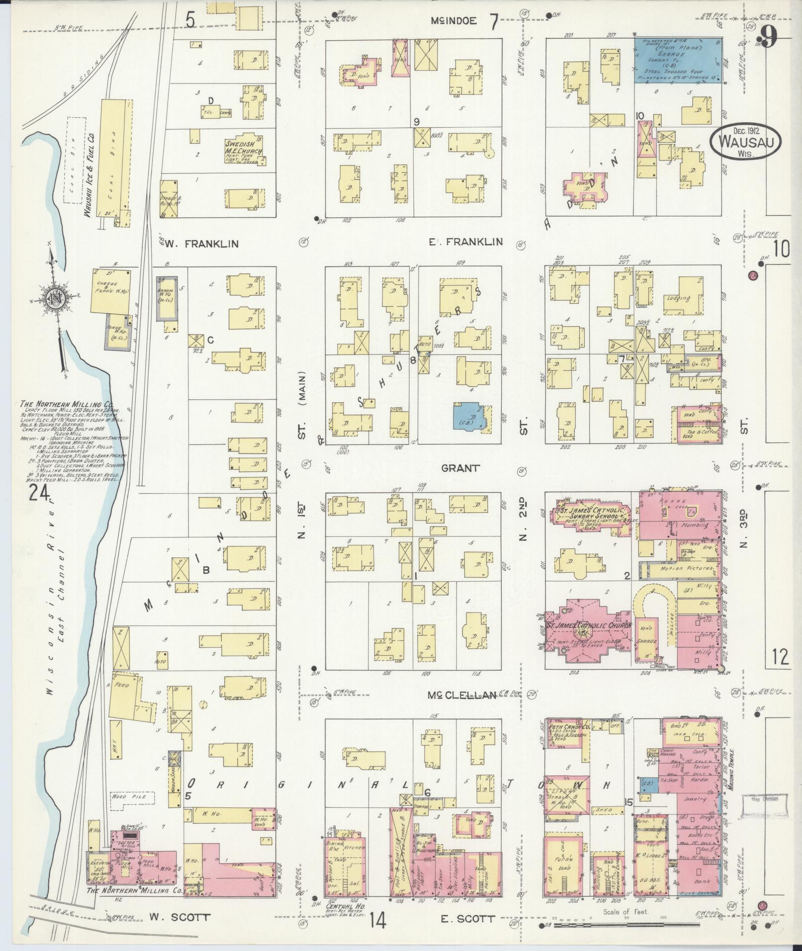 Sanborn Fire Insurance Map from Wausau, Marathon County, Wisconsin (1912), Sheet #0009 - Historic Sanborn Fire Insurance Map Print, vintage old map wall art, antique decor, genealogy gift, Wisconsin Wisconsin map