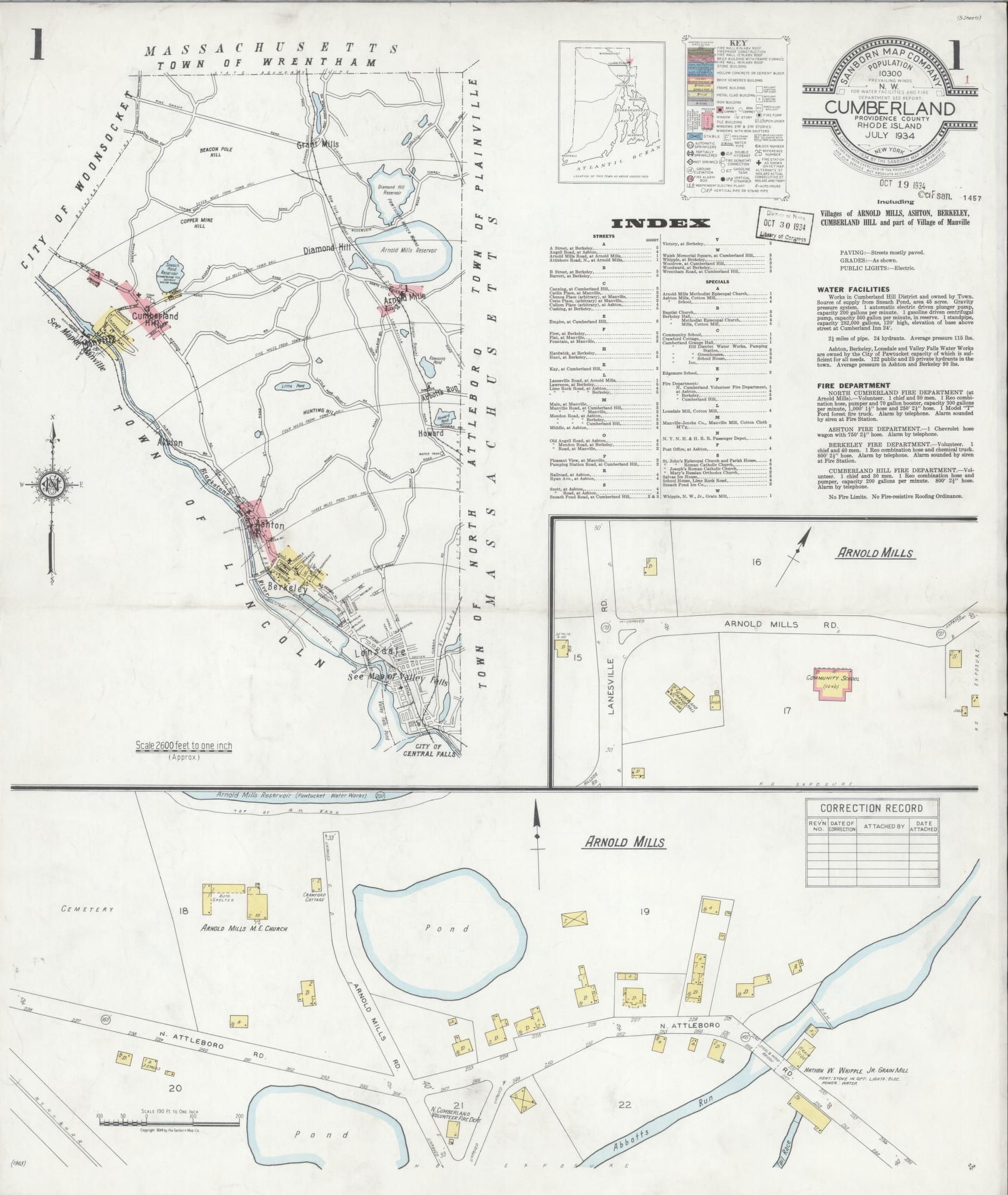 Sanborn Fire Insurance Map from Cumberland, Providence County, Rhode Island (1934), Sheet #0001 - Historic Sanborn Fire Insurance Map Print, vintage old map wall art, antique decor, genealogy gift, Rhode Island Rhode Island map