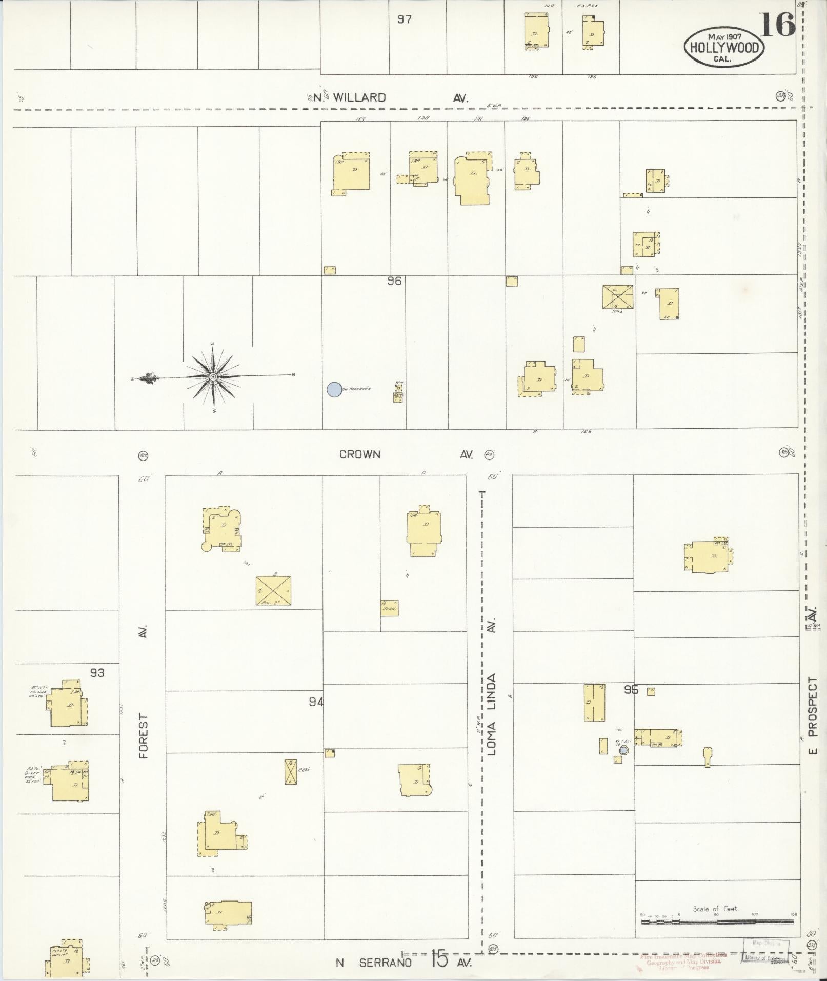 Sanborn Fire Insurance Map from Hollywood, Los Angeles County, California (1907), Sheet #0016 - Historic Sanborn Fire Insurance Map Print, vintage old map wall art, antique decor, genealogy gift, California California map