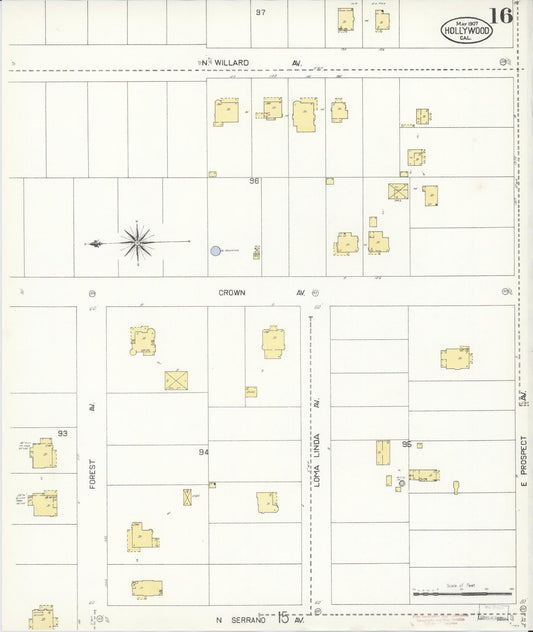 Sanborn Fire Insurance Map from Hollywood, Los Angeles County, California (1907), Sheet #0016 - Historic Sanborn Fire Insurance Map Print, vintage old map wall art, antique decor, genealogy gift, California California map