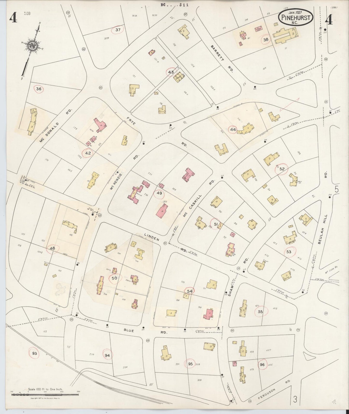 Sanborn Fire Insurance Map from Pinehurst, Moore County, North Carolina (1939), Sheet #0004 - Historic Sanborn Fire Insurance Map Print, vintage old map wall art, antique decor, genealogy gift, North Carolina North Carolina map