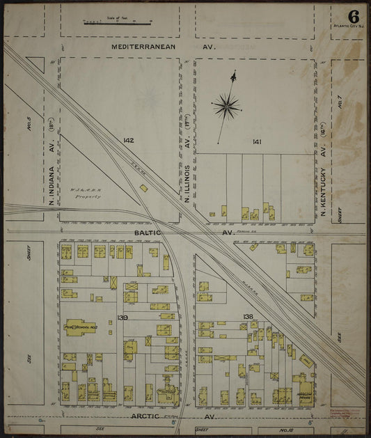 Sanborn Fire Insurance Map from Atlantic City, Atlantic County, New Jersey (1886), Sheet #0006 - Historic Sanborn Fire Insurance Map Print, vintage old map wall art, antique decor, genealogy gift, New Jersey New Jersey map