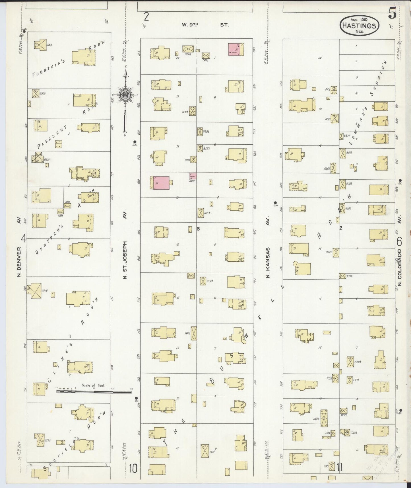 Sanborn Fire Insurance Map from Hastings, Adams County, Nebraska (1910), Sheet #0005 - Historic Sanborn Fire Insurance Map Print, vintage old map wall art, antique decor, genealogy gift, Nebraska Nebraska map