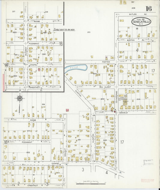 Sanborn Fire Insurance Map from Seneca Falls, Seneca County, New York (1916), Sheet #0016 - Historic Sanborn Fire Insurance Map Print, vintage old map wall art, antique decor, genealogy gift, New York New York map