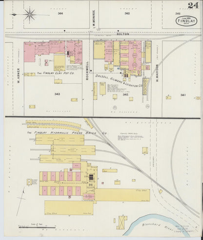 Sanborn Fire Insurance Map from Findlay, Hancock County, Ohio (1895), Sheet #0024 - Historic Sanborn Fire Insurance Map Print, vintage old map wall art, antique decor, genealogy gift, Ohio Ohio map