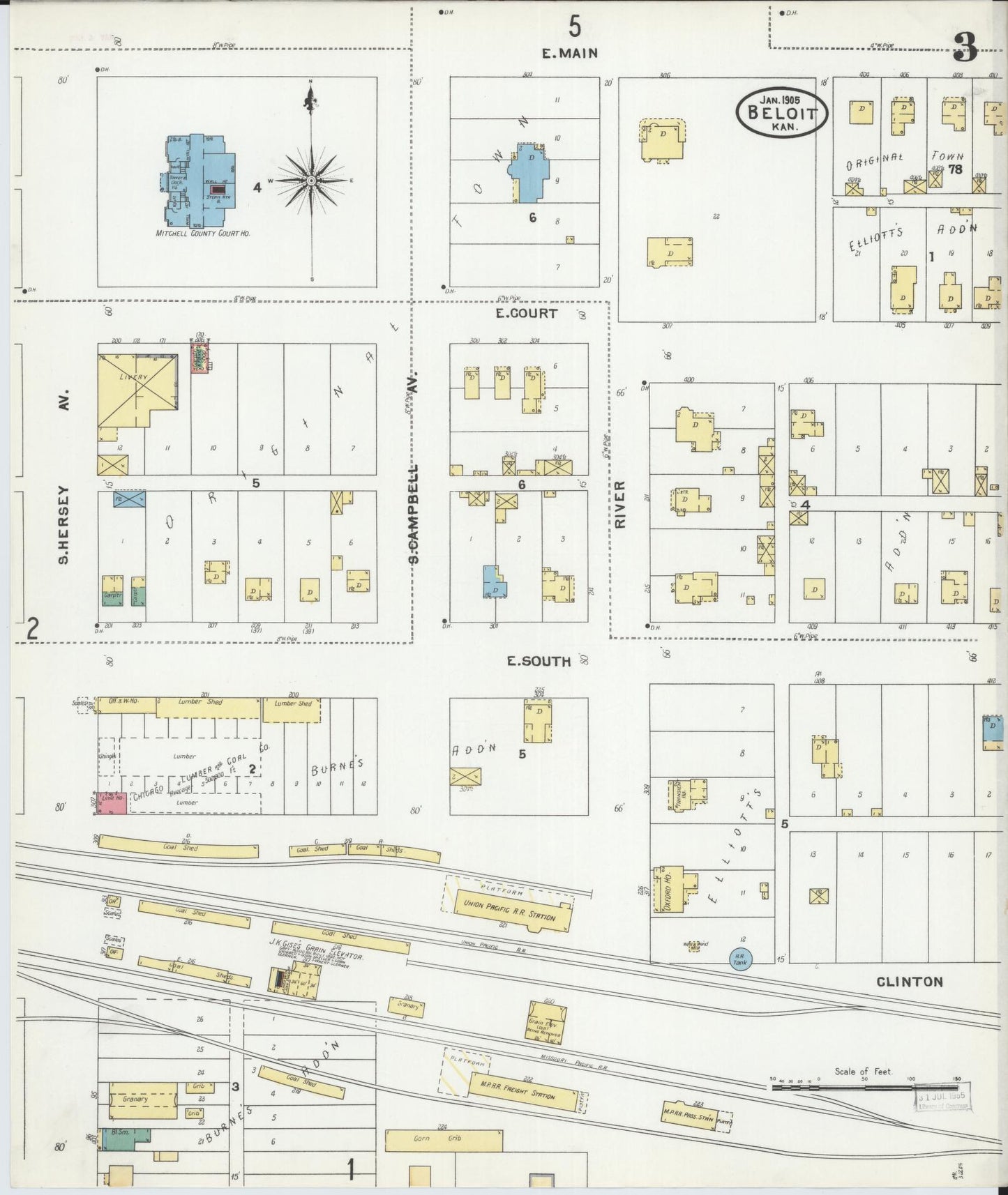 Sanborn Fire Insurance Map from Beloit, Mitchell County, Kansas (1905), Sheet #0003 - Historic Sanborn Fire Insurance Map Print, vintage old map wall art, antique decor, genealogy gift, Kansas Kansas map