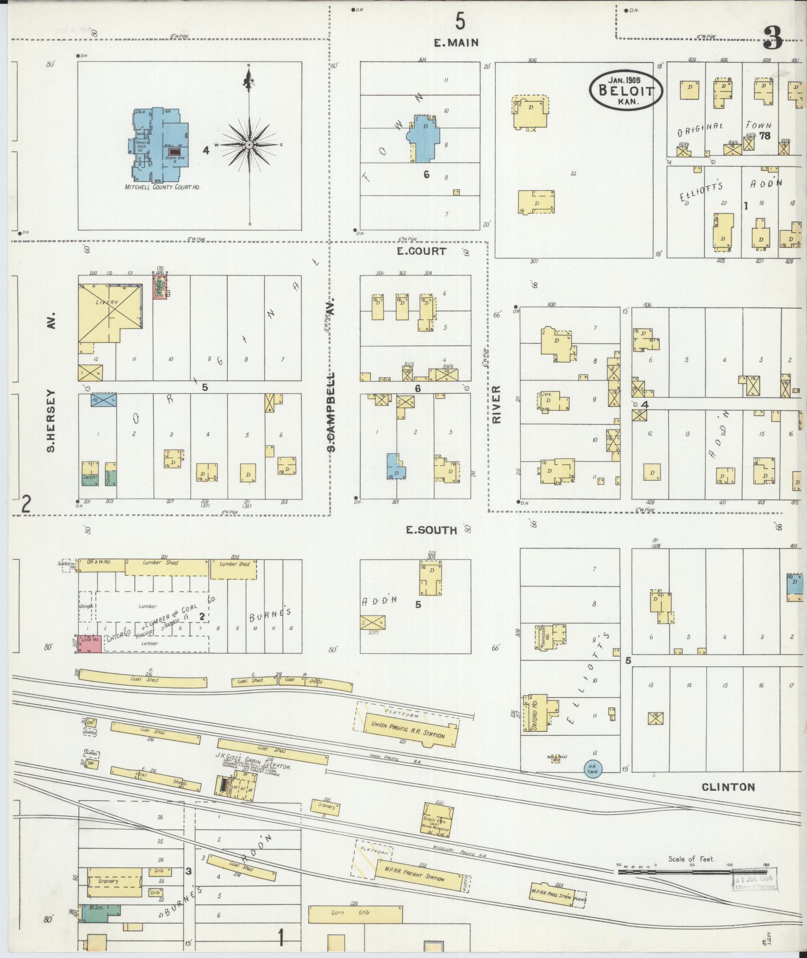 Sanborn Fire Insurance Map from Beloit, Mitchell County, Kansas (1905), Sheet #0003 - Historic Sanborn Fire Insurance Map Print, vintage old map wall art, antique decor, genealogy gift, Kansas Kansas map