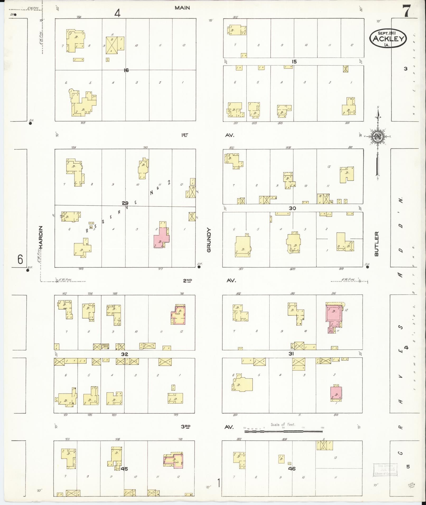 Sanborn Fire Insurance Map from Ackley, Hardin and Franklin Counties, Iowa (1911), Sheet #0007 - Historic Sanborn Fire Insurance Map Print, vintage old map wall art