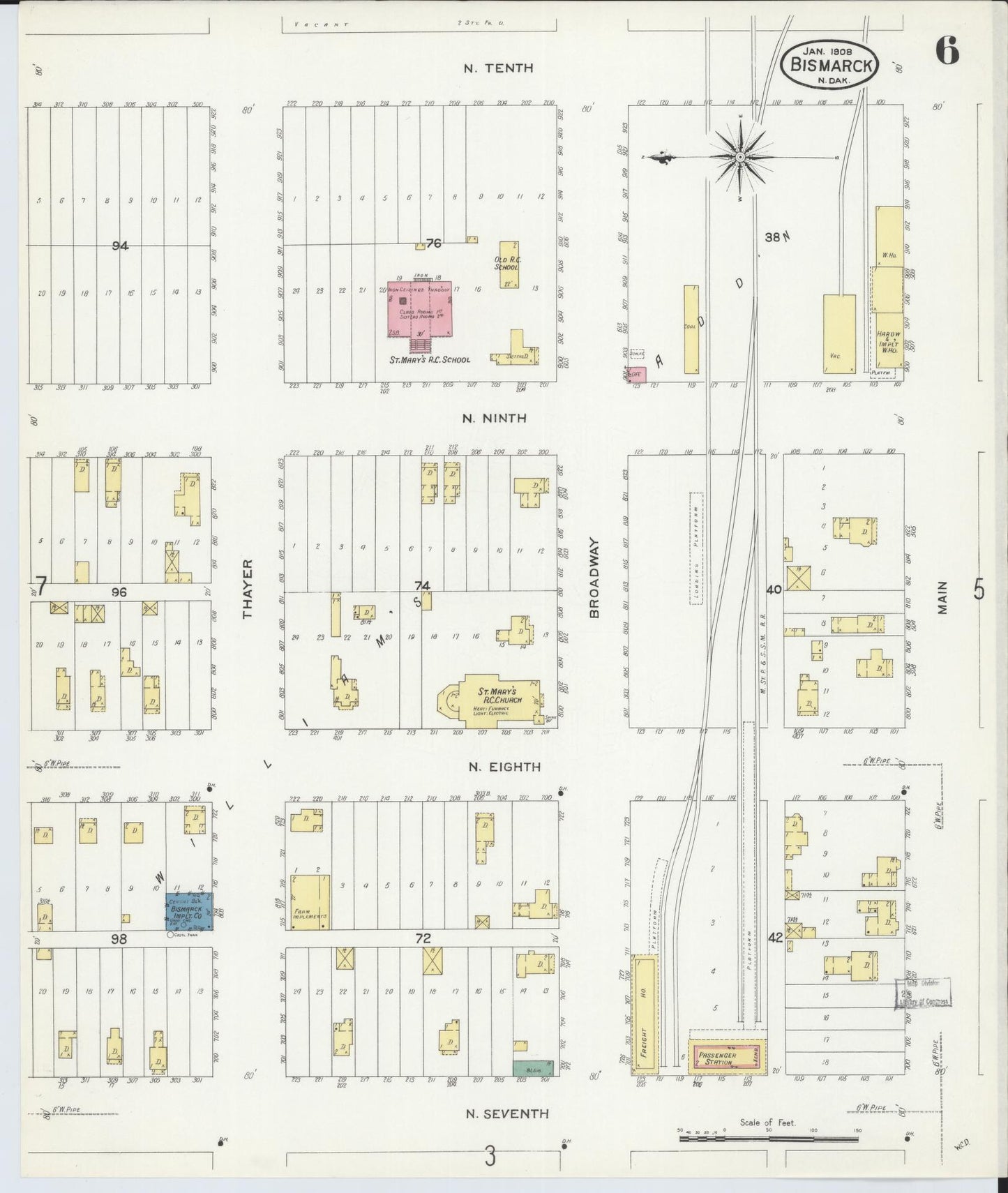 Sanborn Fire Insurance Map from Bismarck, Burleigh County, North Dakota (1906), Sheet #0006 - Complete Map Set gallery image, historic Sanborn map, vintage wall art, North Dakota North Dakota