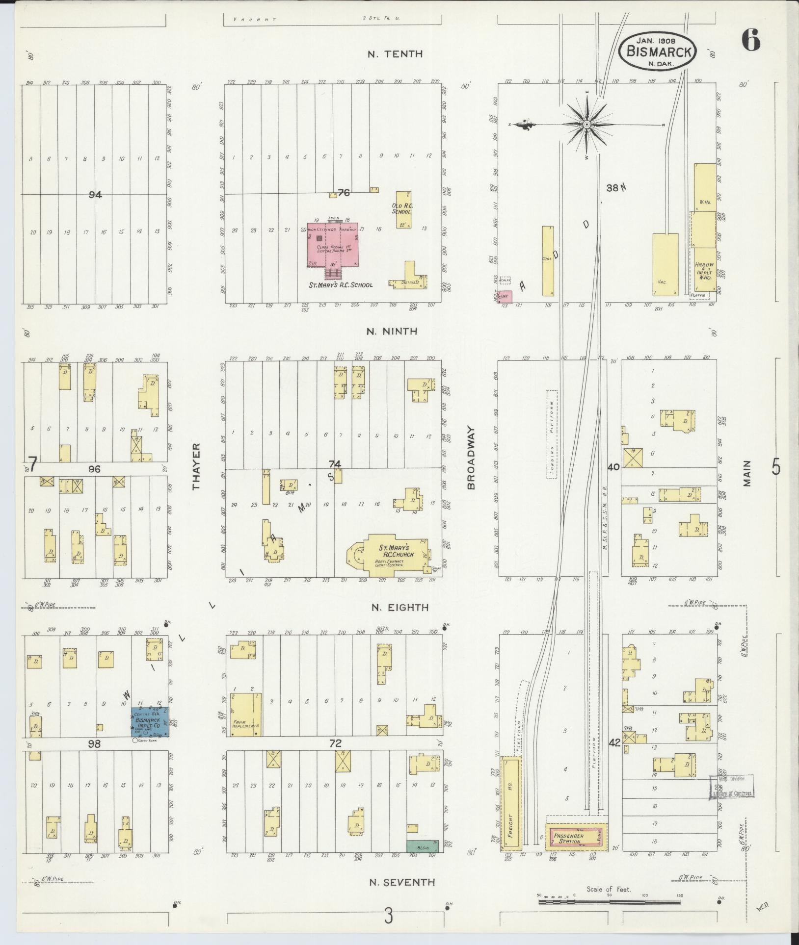 Sanborn Fire Insurance Map from Bismarck, Burleigh County, North Dakota (1906), Sheet #0006 - Complete Map Set gallery image, historic Sanborn map, vintage wall art, North Dakota North Dakota