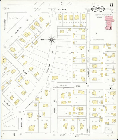 Sanborn Fire Insurance Map from Shenandoah, Page County, Iowa (1909), Sheet #0008 - Historic Sanborn Fire Insurance Map Print, vintage old map wall art