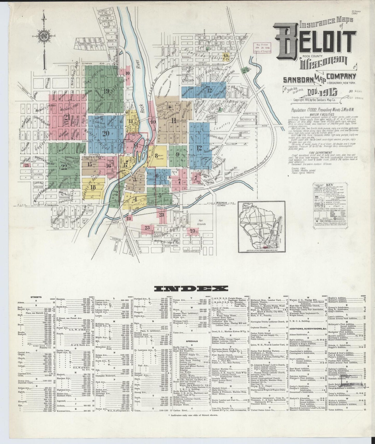 Sanborn Fire Insurance Map from Beloit, Rock County, Wisconsin (1915), Sheet #0001 - Historic Sanborn Fire Insurance Map Print, vintage old map wall art, antique decor, genealogy gift, Wisconsin Wisconsin map