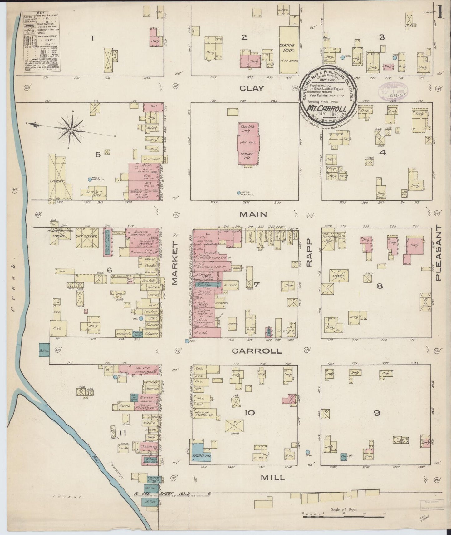 Sanborn Fire Insurance Map from Mount Carroll, Carroll County, Illinois (1885), Sheet #0001 - Historic Sanborn Fire Insurance Map Print, vintage old map wall art, antique decor, genealogy gift, Illinois Illinois map