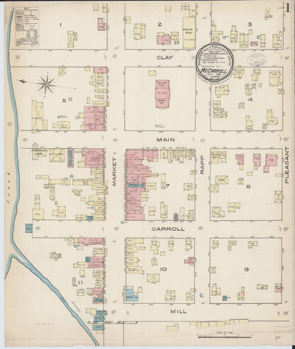 Sanborn Fire Insurance Map from Mount Carroll, Carroll County, Illinois (1885), Sheet #0001 - Historic Sanborn Fire Insurance Map Print, vintage old map wall art, antique decor, genealogy gift, Illinois Illinois map