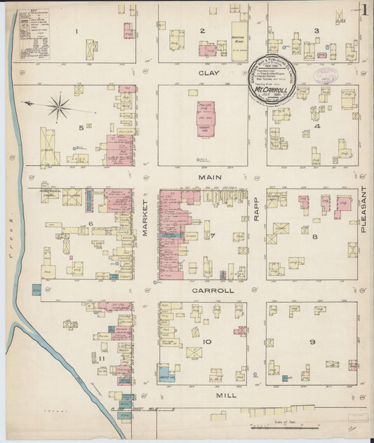 Sanborn Fire Insurance Map from Mount Carroll, Carroll County, Illinois (1885), Sheet #0001 - Historic Sanborn Fire Insurance Map Print, vintage old map wall art, antique decor, genealogy gift, Illinois Illinois map