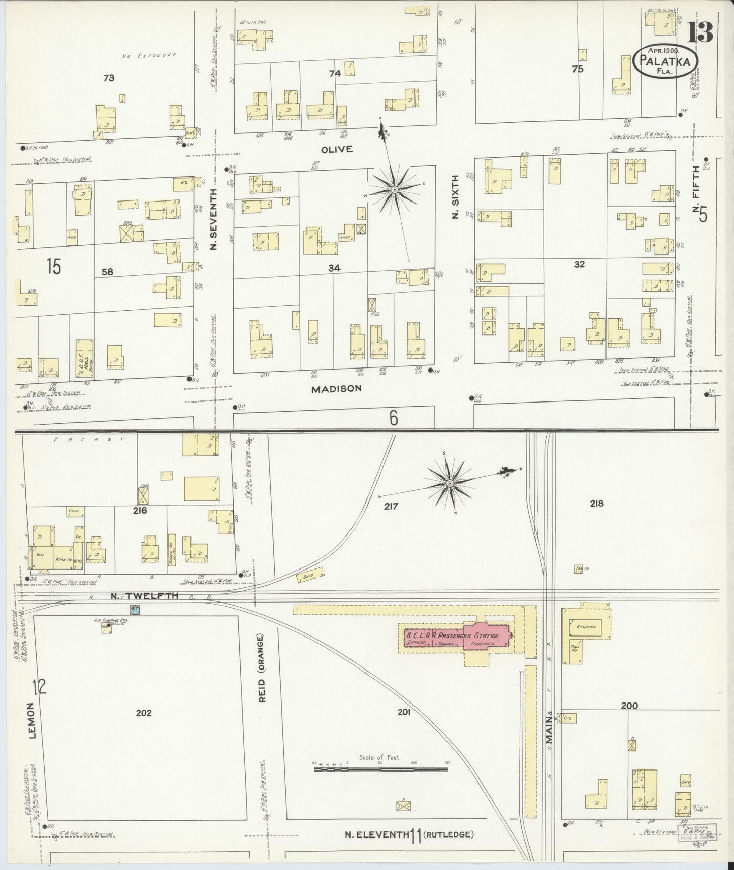 Sanborn Fire Insurance Map from Palatka, Putnam County, Florida (1909), Sheet #0013 - Complete Map Set gallery image, historic Sanborn map, vintage wall art, Florida Florida