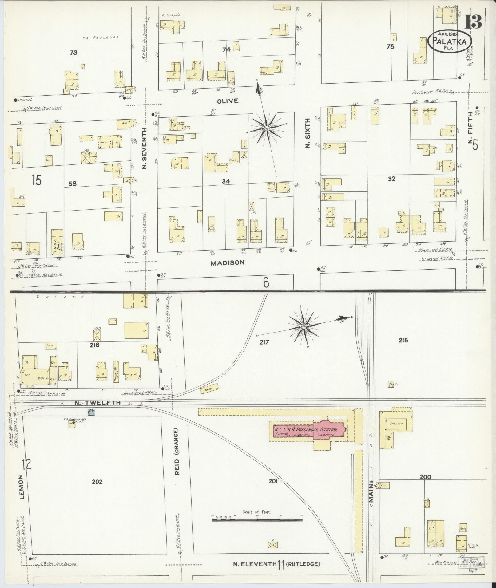 Sanborn Fire Insurance Map from Palatka, Putnam County, Florida (1909), Sheet #0013 - Complete Map Set gallery image, historic Sanborn map, vintage wall art, Florida Florida